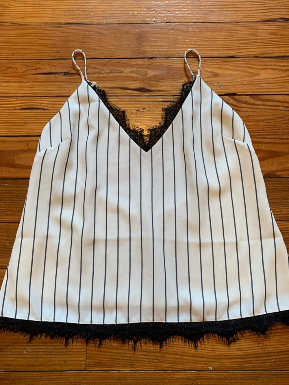 Wayf White Pinstripe V-Neck Lace Trim Cami
